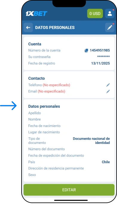 Verificación de identidad (KYC) desde un dispositivo móvil - 1xbet Сódigo Chile